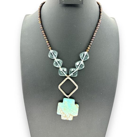 Pearl Cross Faux Turquoise Necklace .925 Sterling Silver - Picture 1 of 7
